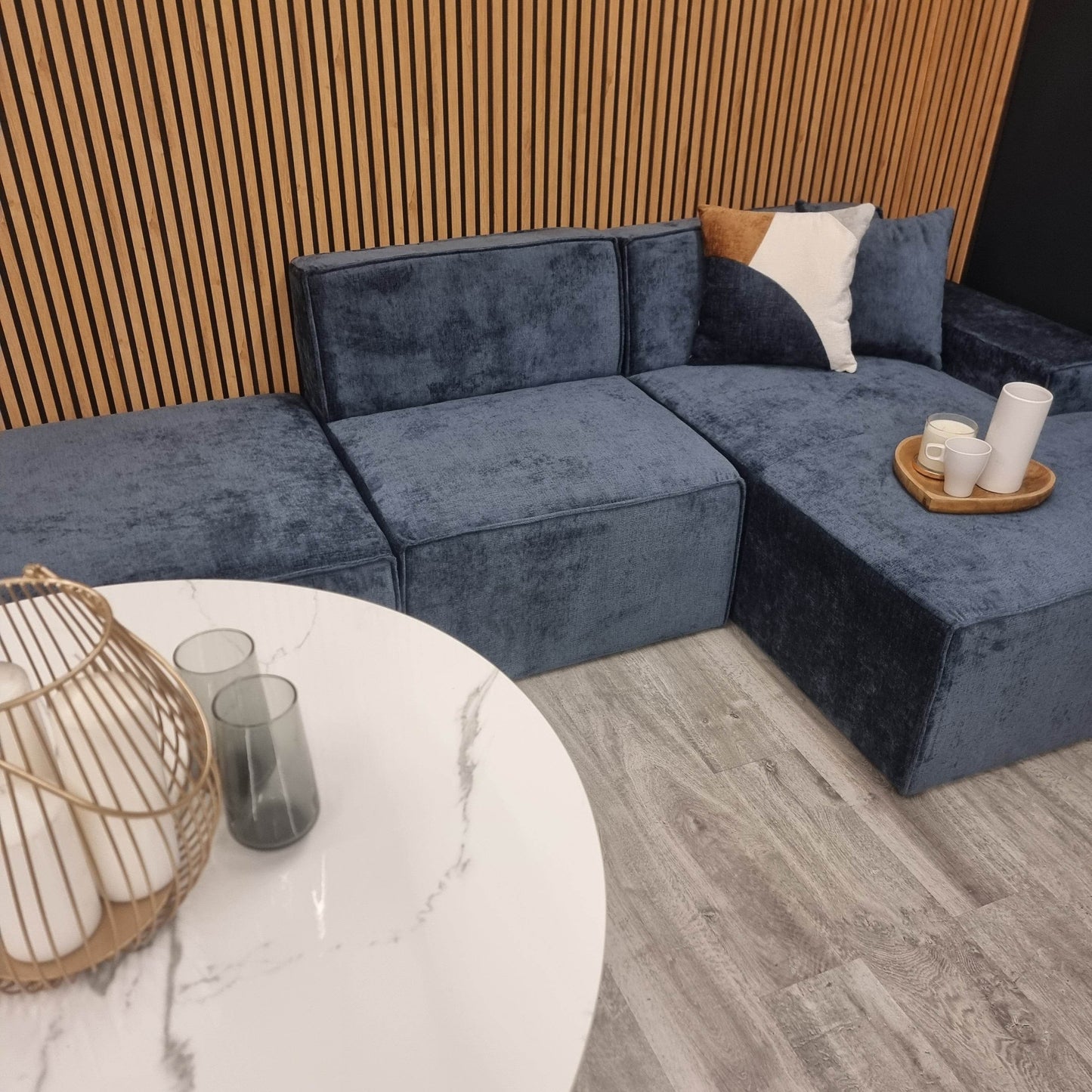 Atlanta Blue Textured Chenille Modular Sofa - Right Hand Corner - Pak Tao