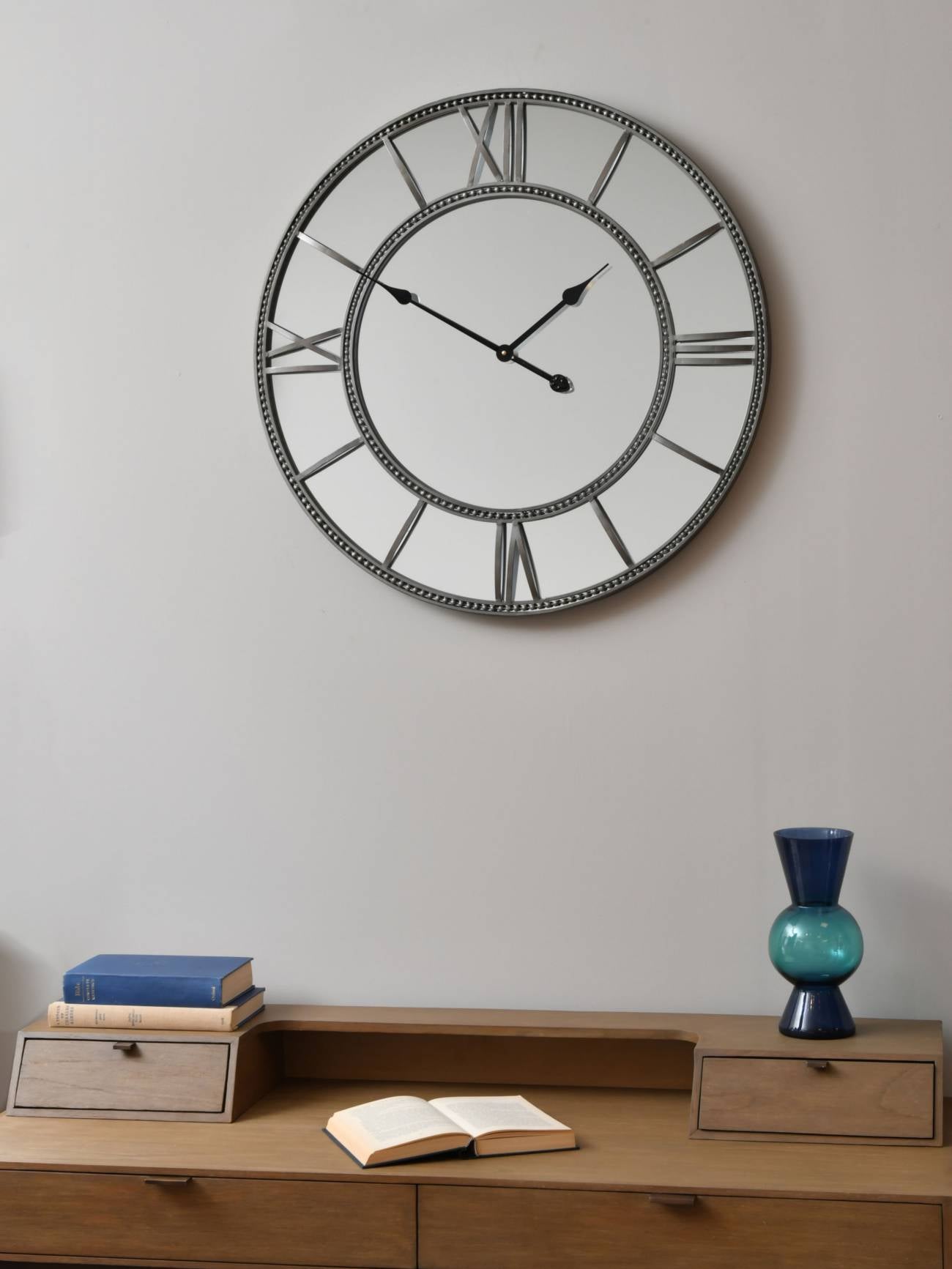 Grey Framed Beaded Mirrored Round Clock