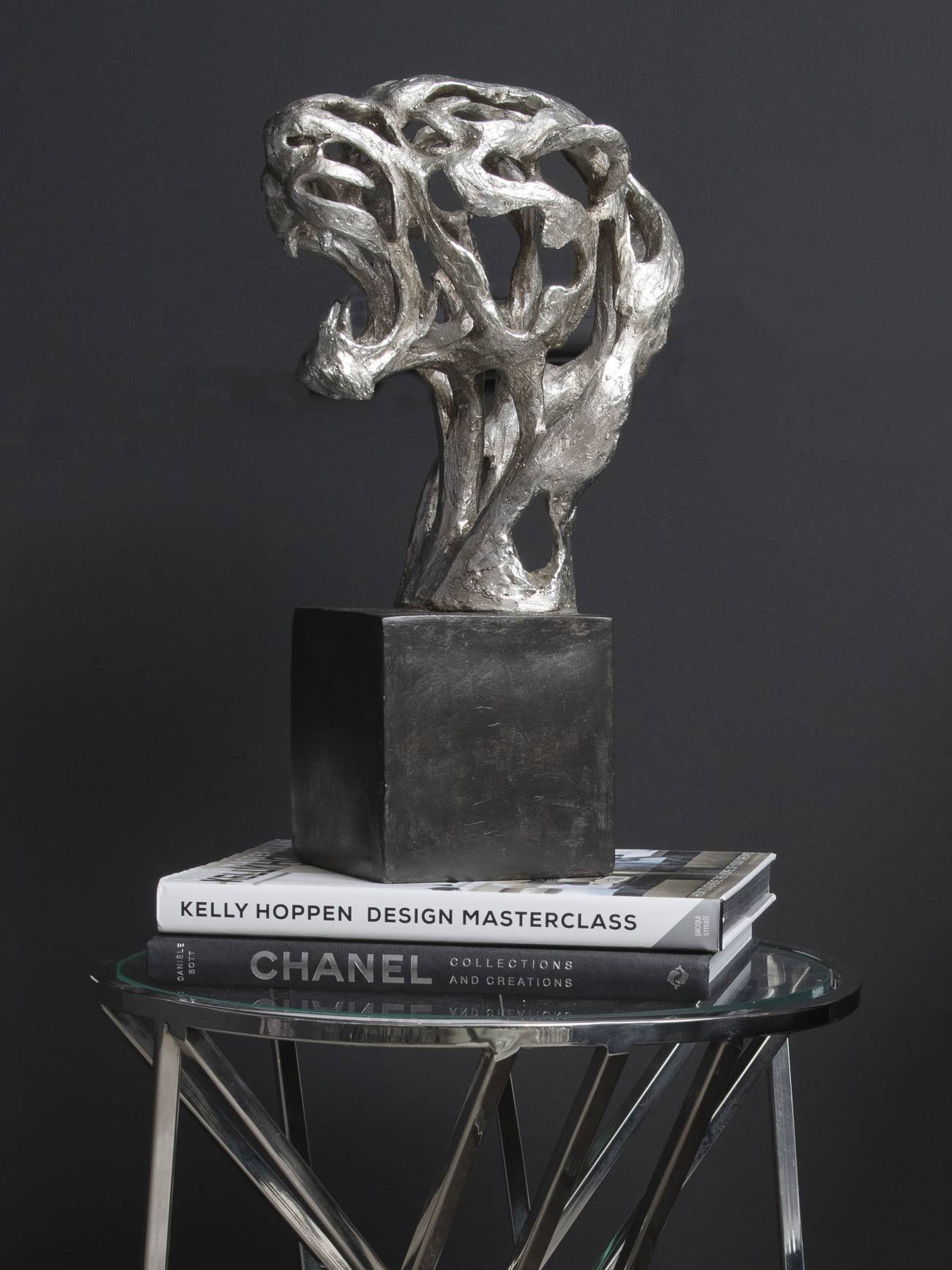 Addo Abstract Tiger Head Sculpture in Silver Resin