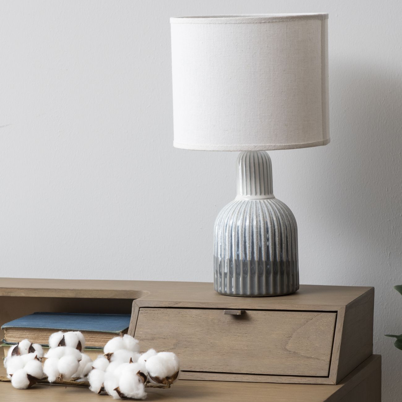 Grey Porcelain Lamp with Ribbed Detailing and White Shade Small