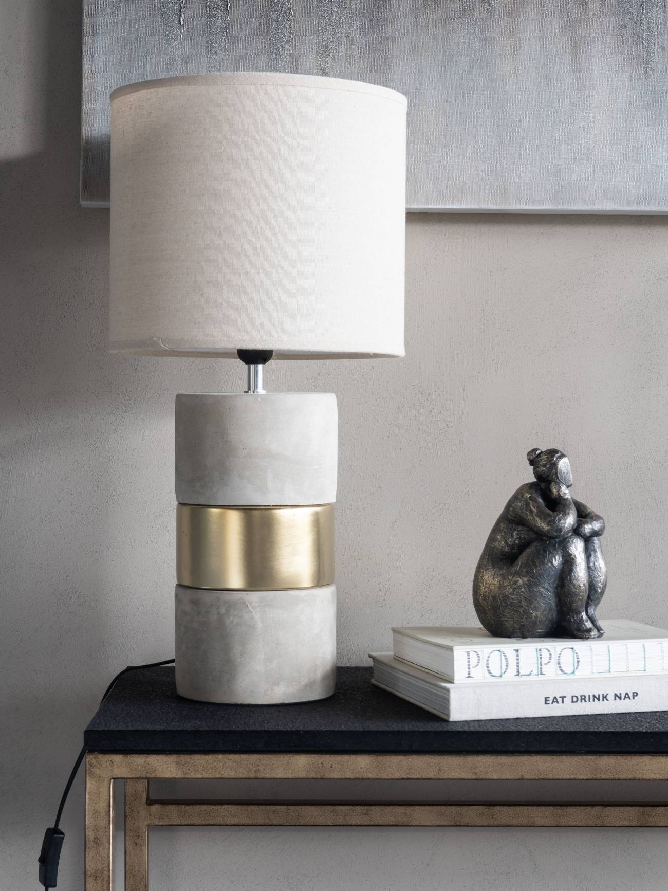 Concrete and Gold Table Lamp with Natural Shade E27 60W