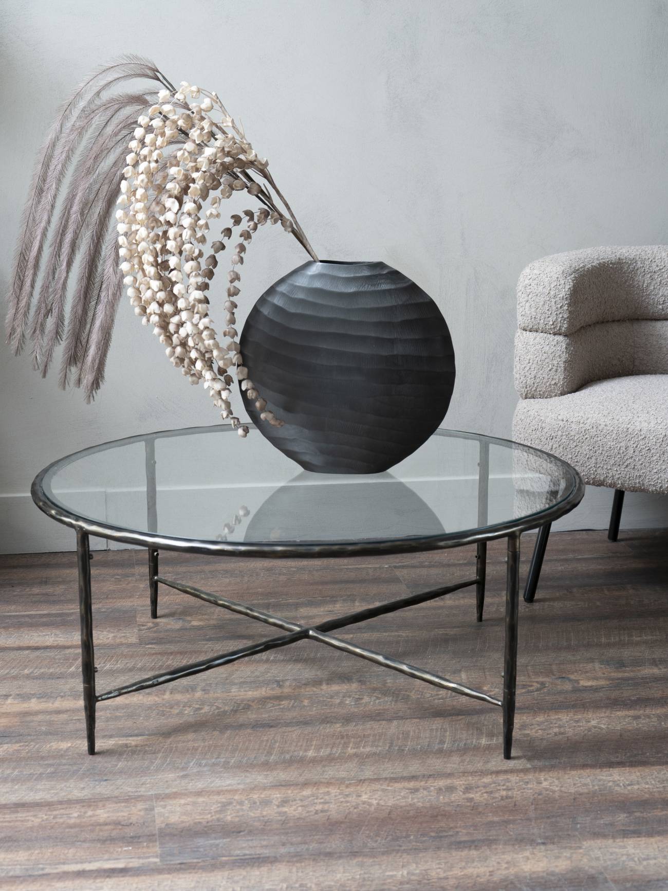 Patterdale Hand Forged Round Coffee Table Dark Bronze Finish with  Glass Top