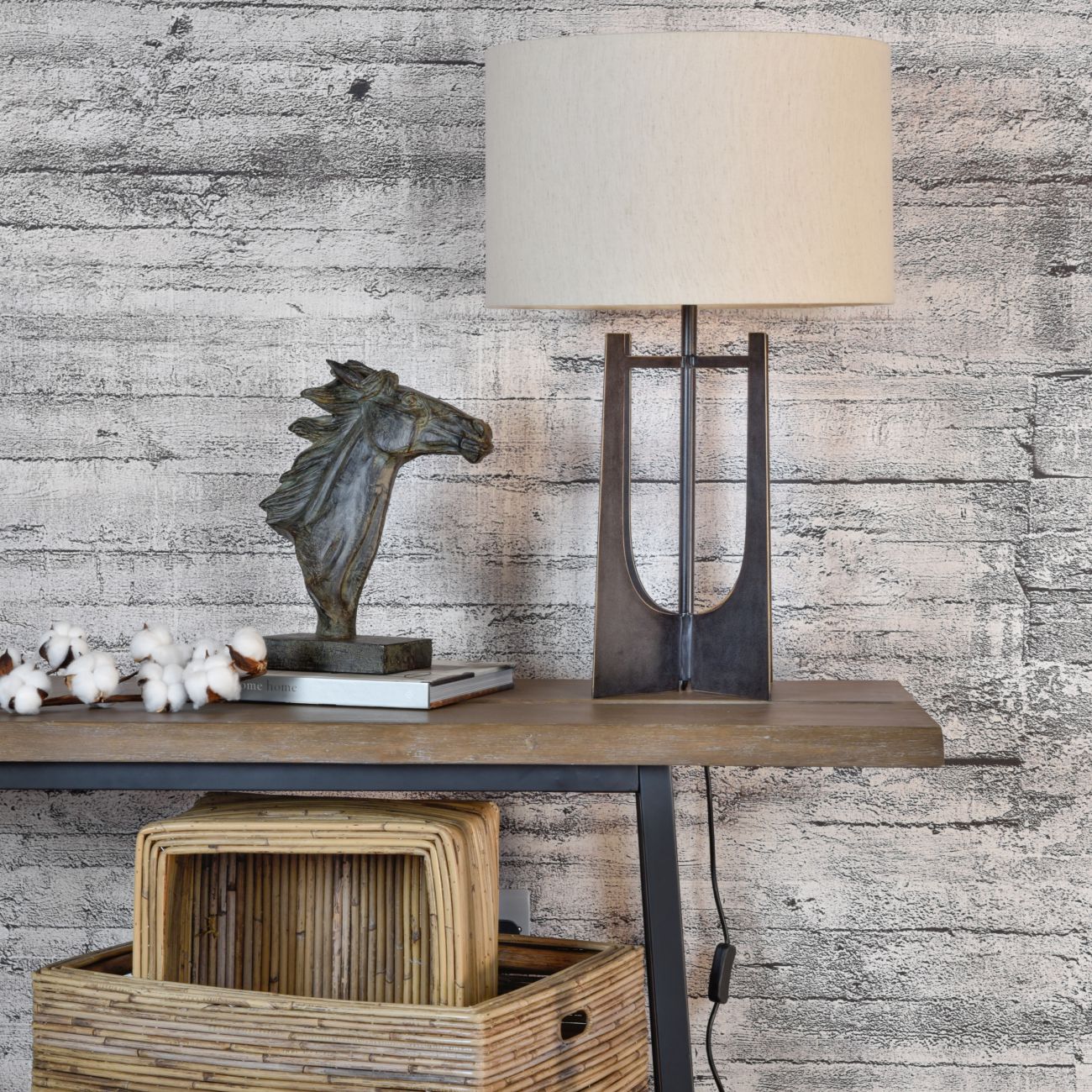 Glenthorpe Hammered Iron Table Lamp Gilded Oak with Irish Linen Shade - E27 60W