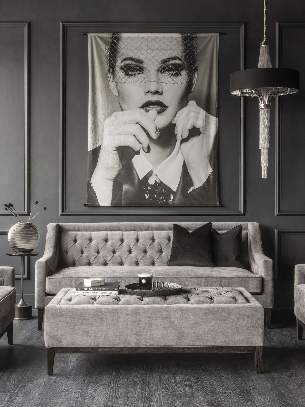 Theodore Buttoned XL Ottoman in Warm Grey Fabric 140x75cm
