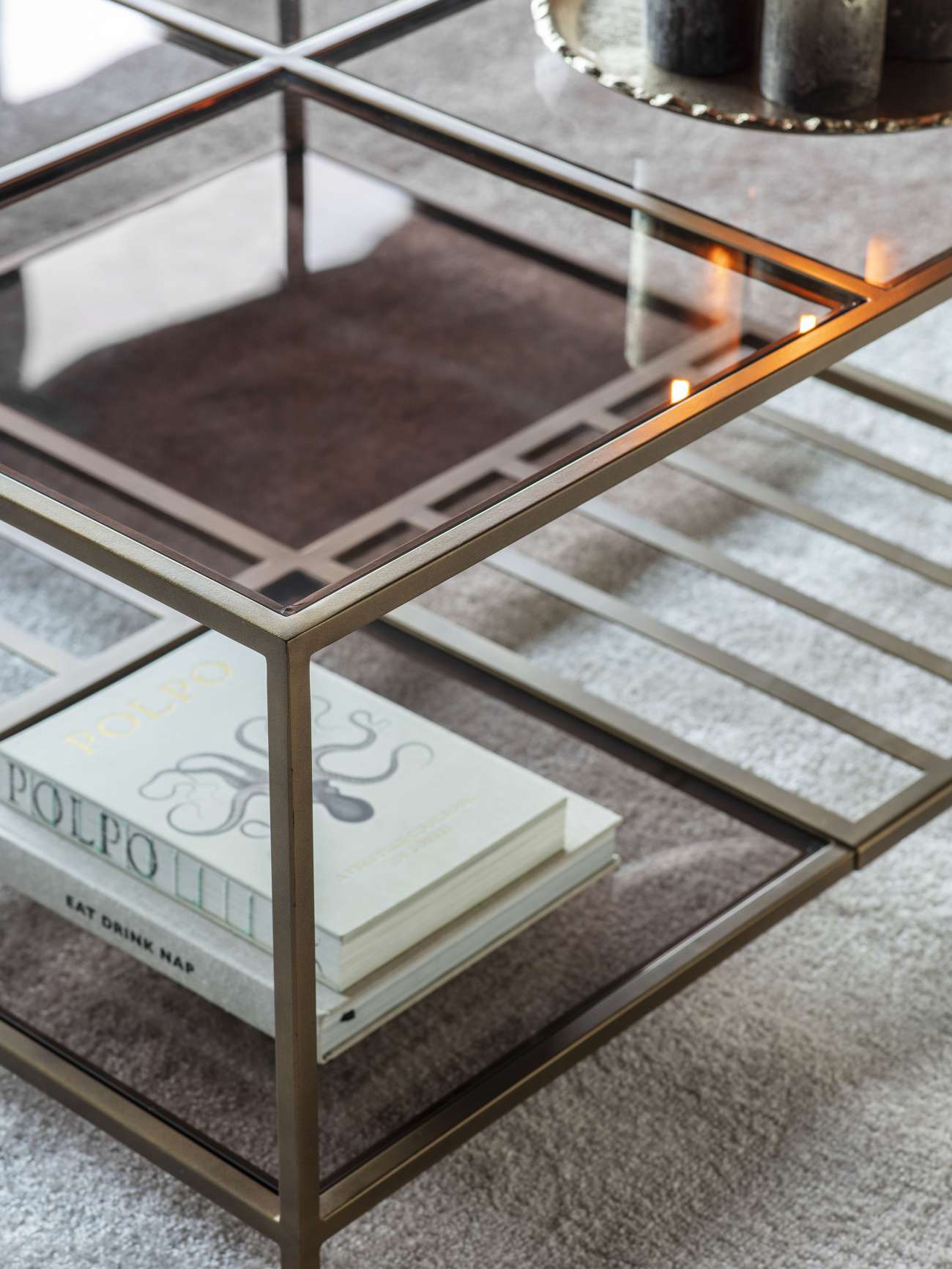 Westley Coffee Table in Dark Gold with Brown Tinted Glass