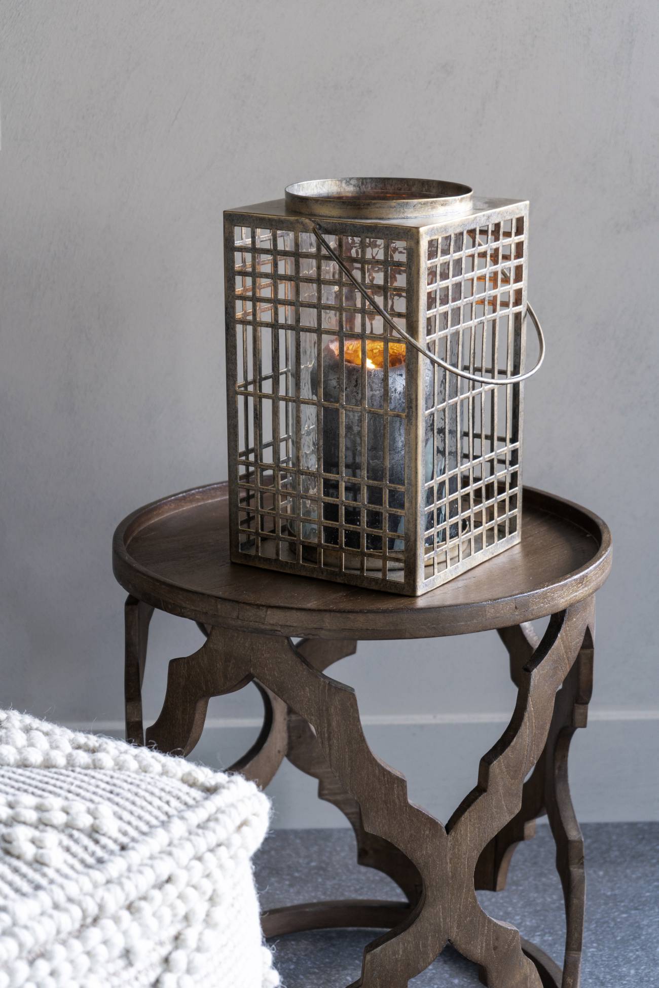 Barossa Fretwork Square Lantern in Aged Gold with Glass Flute 33cm