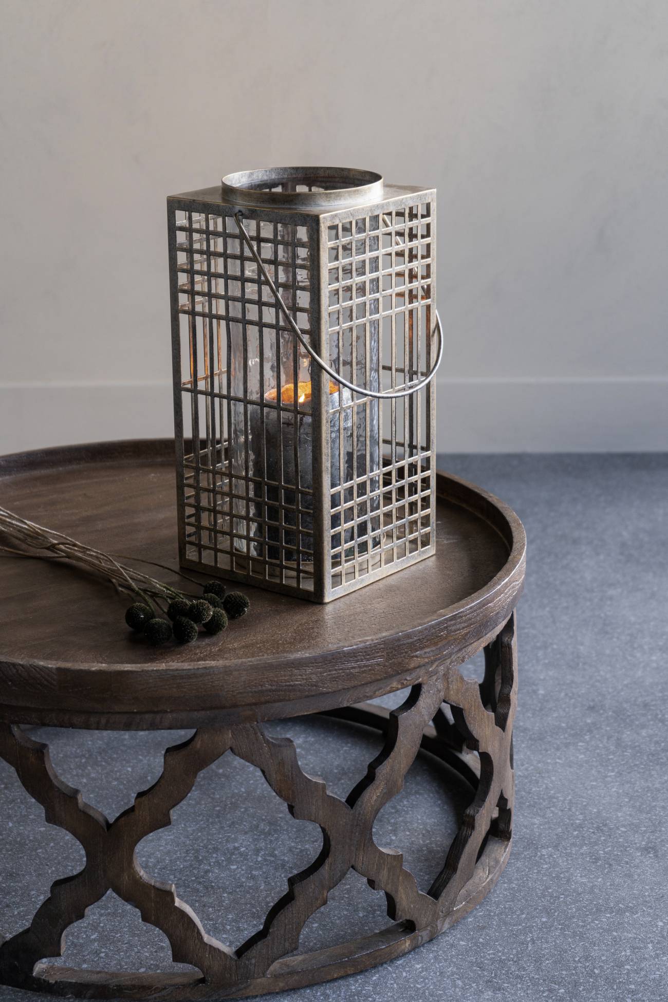 Barossa Fretwork Square Lantern in Aged Gold with Glass Flute 40.5cm