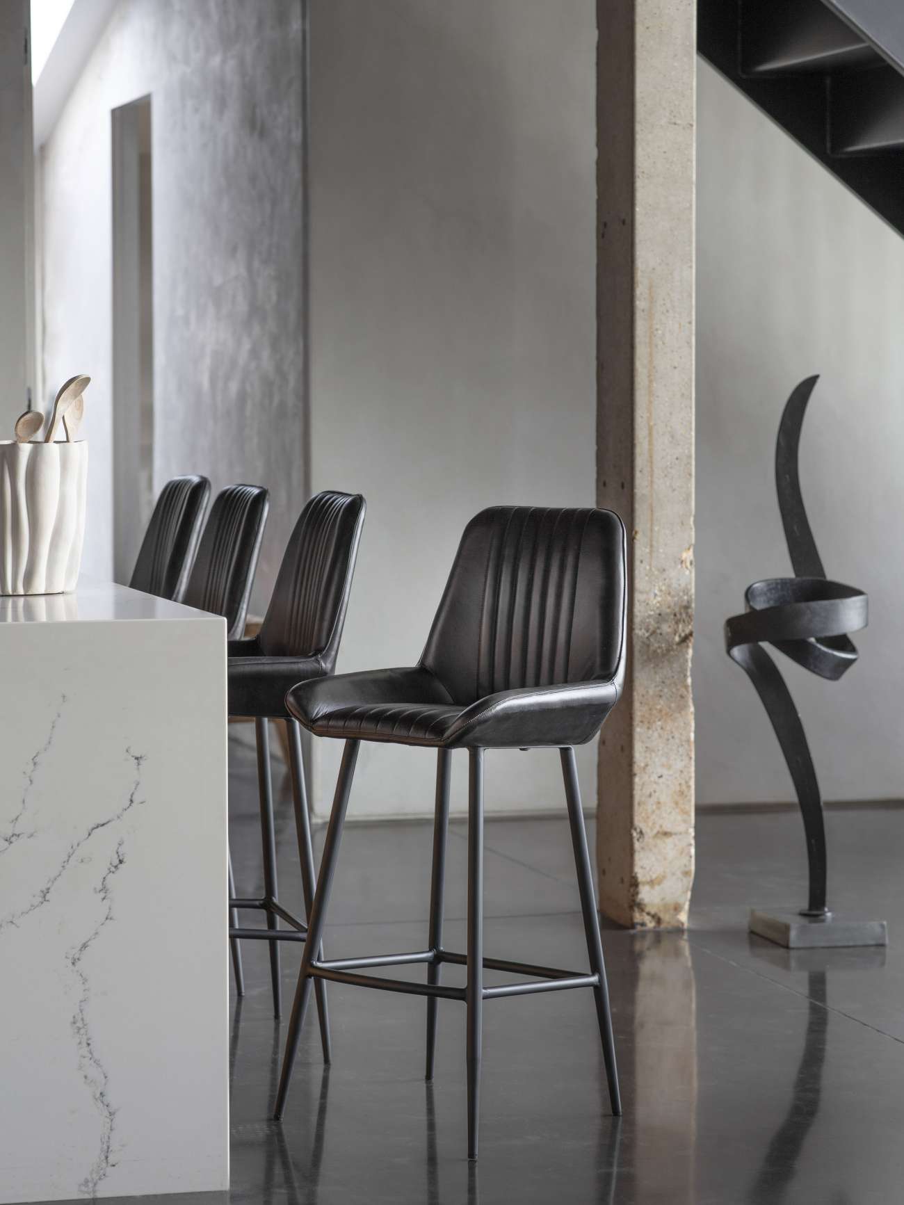 Pair of Pembroke Leather Bar Stools in Charcoal