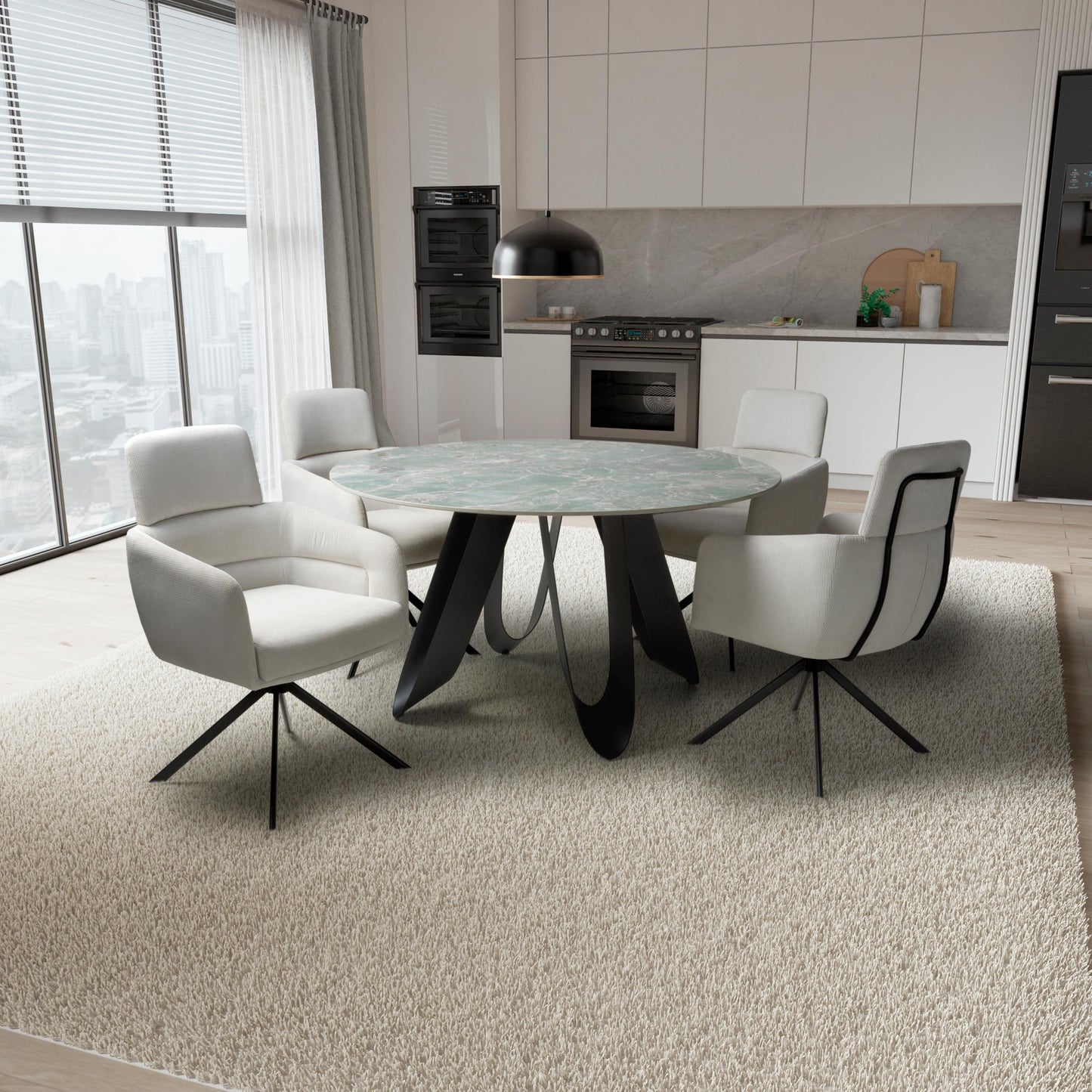 Osaka Round Green & 4 Polaris White Dining Set