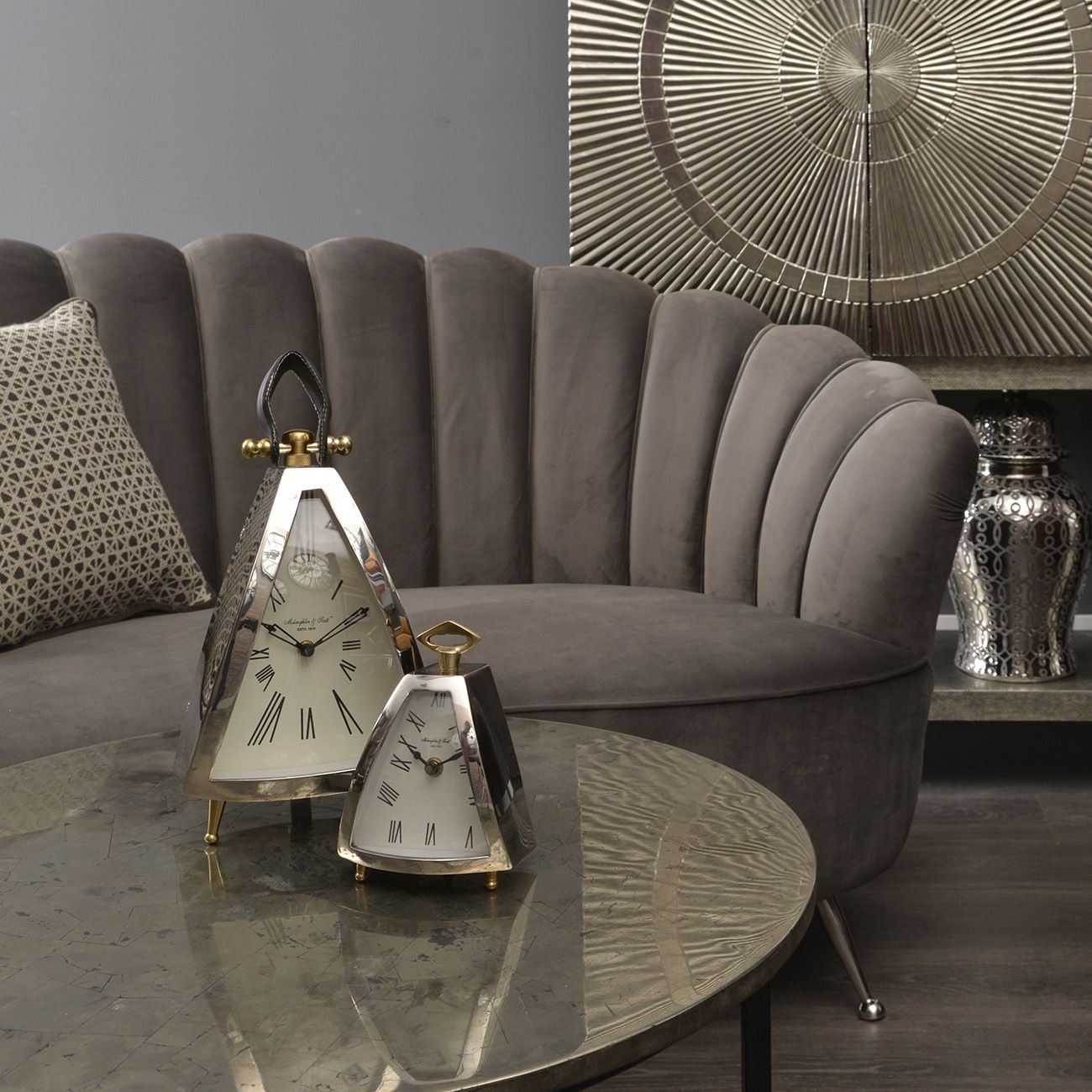 Isosceles Nickel Curved Front Mantel Clock