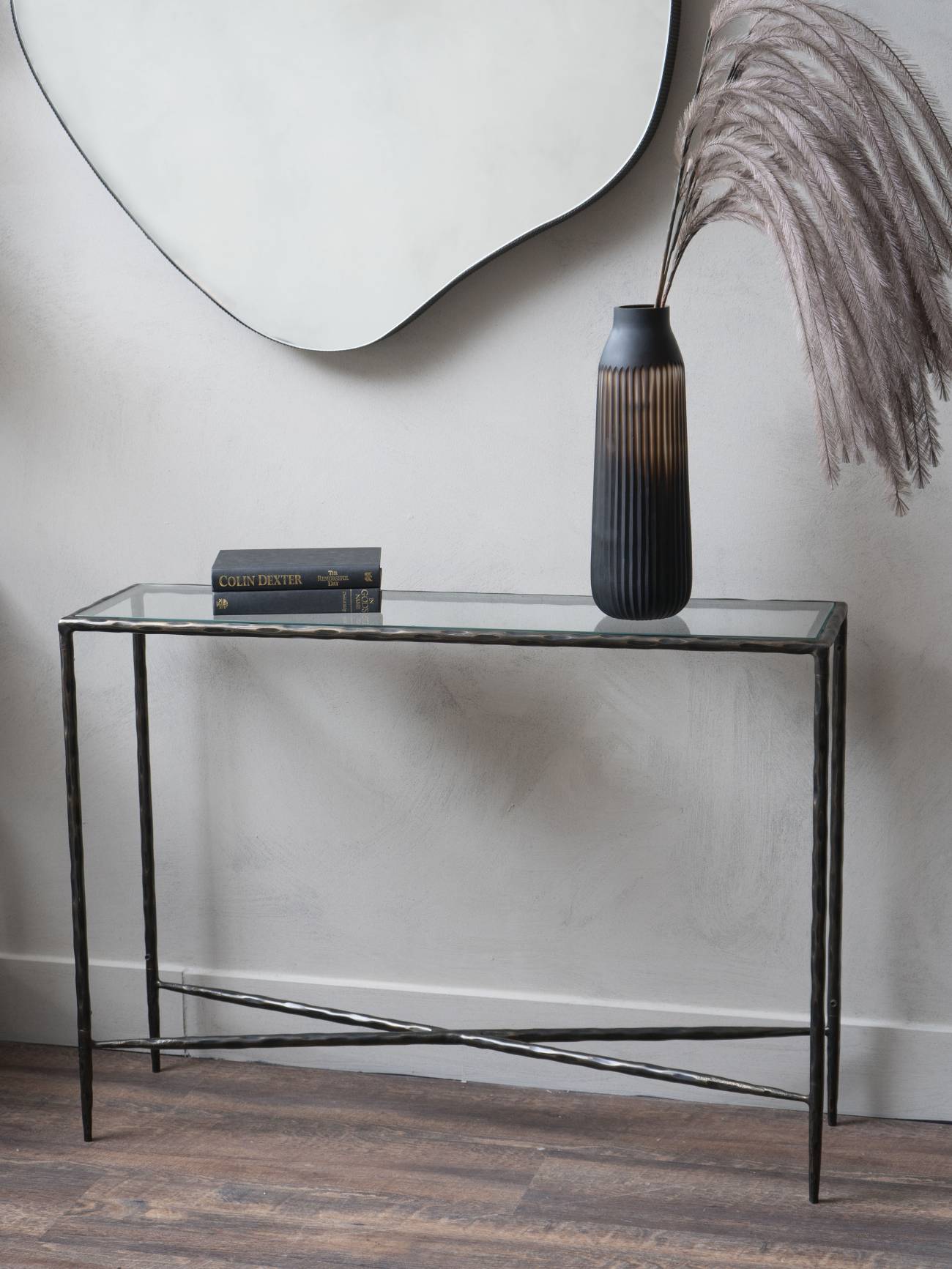 Patterdale Hand Forged Console Table Small 110x30cm Dk Bronze with Glass Top