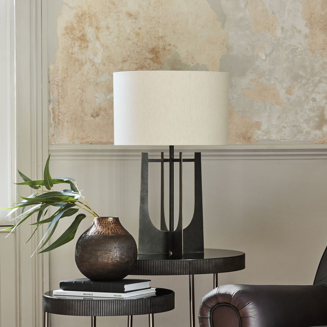 Glenthorpe Hammered Iron Table Lamp Gilded Oak with Irish Linen Shade - E27 60W