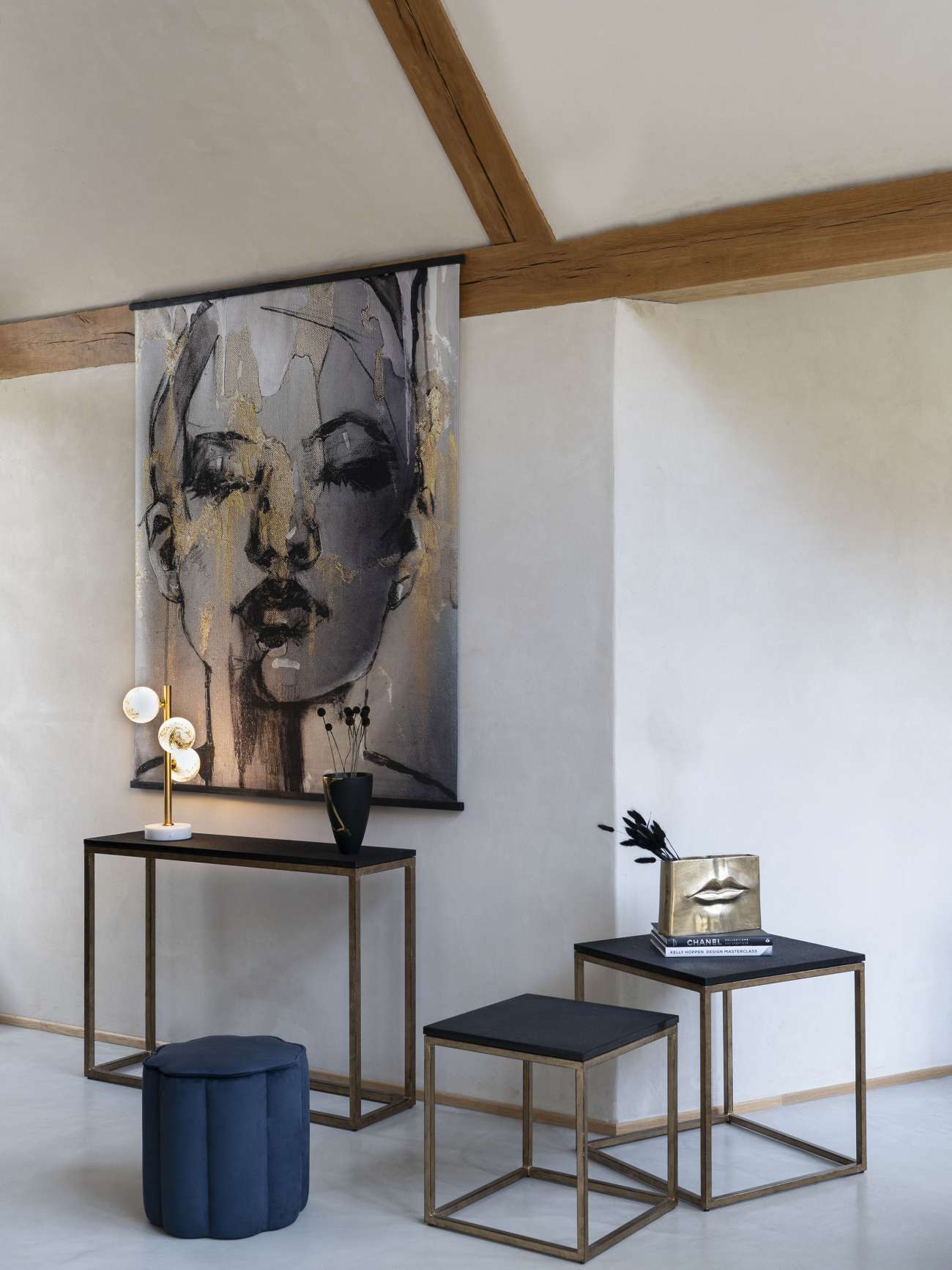 Kirkstone Iron Set of 2 Side Tables in Aged Champagne Finish with Galaxy Slate