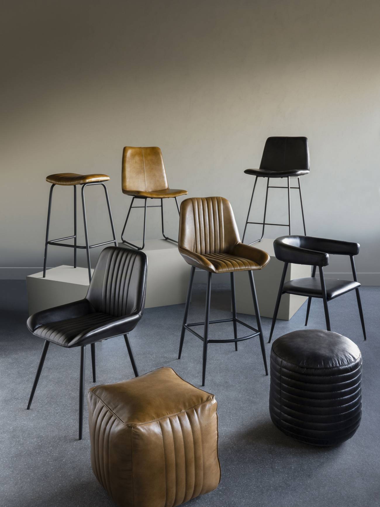 Pair of Robinson Leather Bar Stools in Charcoal