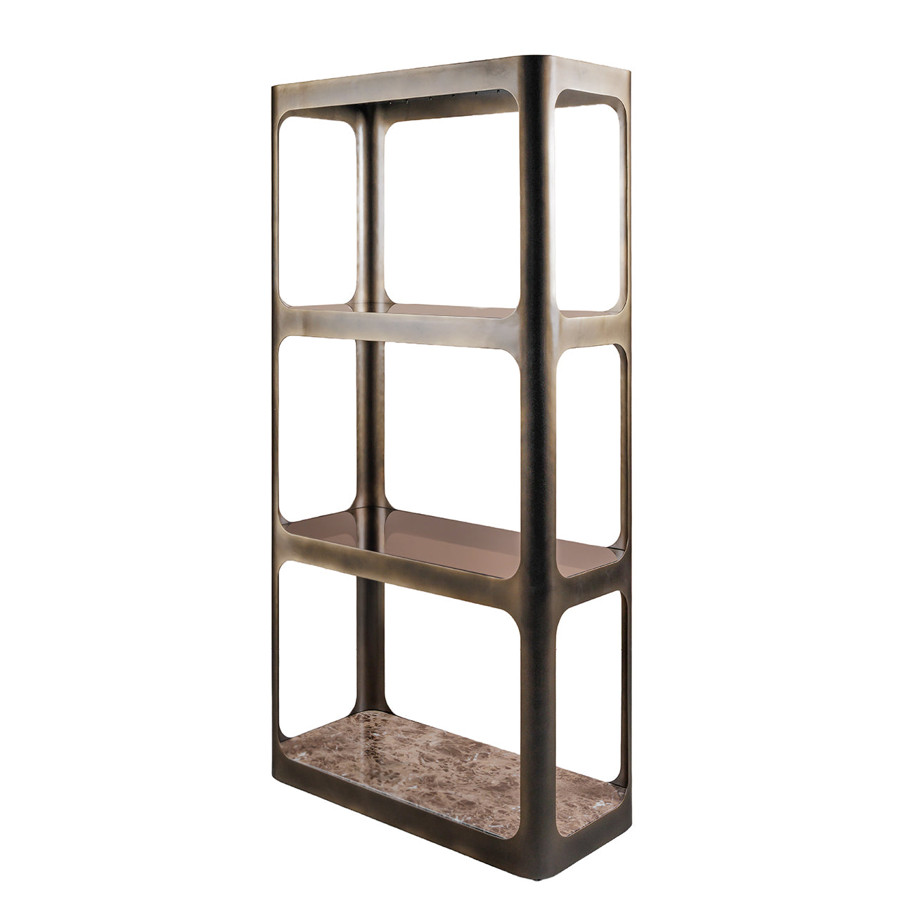 Thorpe II Smoked Bronze Metal and Glass Shelving Unit featuring Marble