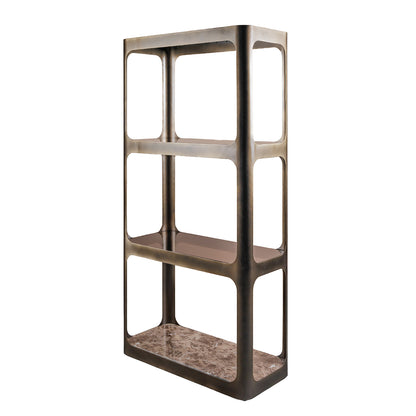 Thorpe II Smoked Bronze Metal and Glass Shelving Unit featuring Marble
