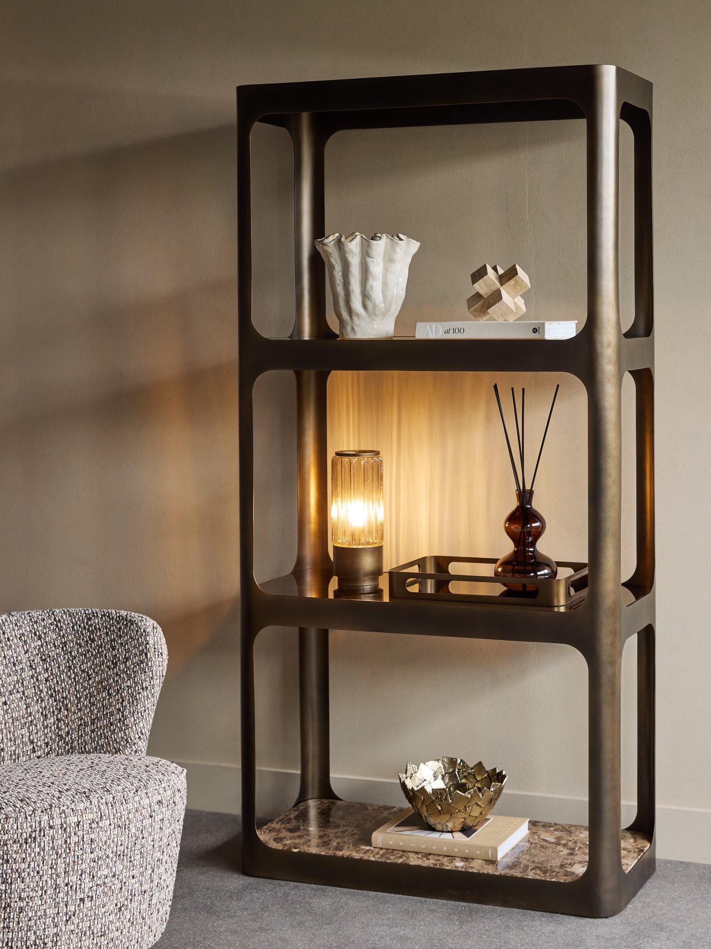 Thorpe II Smoked Bronze Metal and Glass Shelving Unit featuring Marble