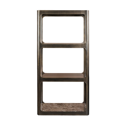 Thorpe II Smoked Bronze Metal and Glass Shelving Unit featuring Marble