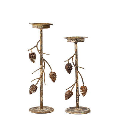 Aurelle Candle Holder with Pinecone Branches Rustic Gold Small
