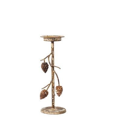 Aurelle Candle Holder with Pinecone Branches Rustic Gold Small