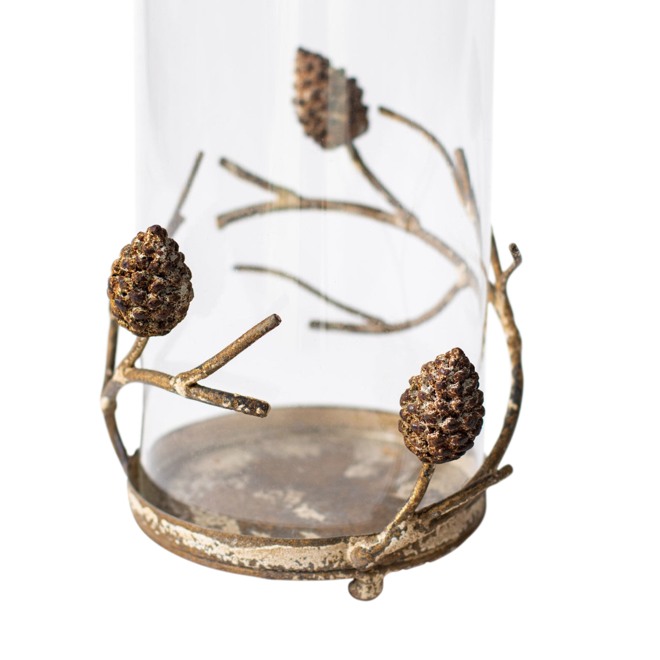 Aurelle Glass Hurricane with Pinecone Branches Rustic Gold