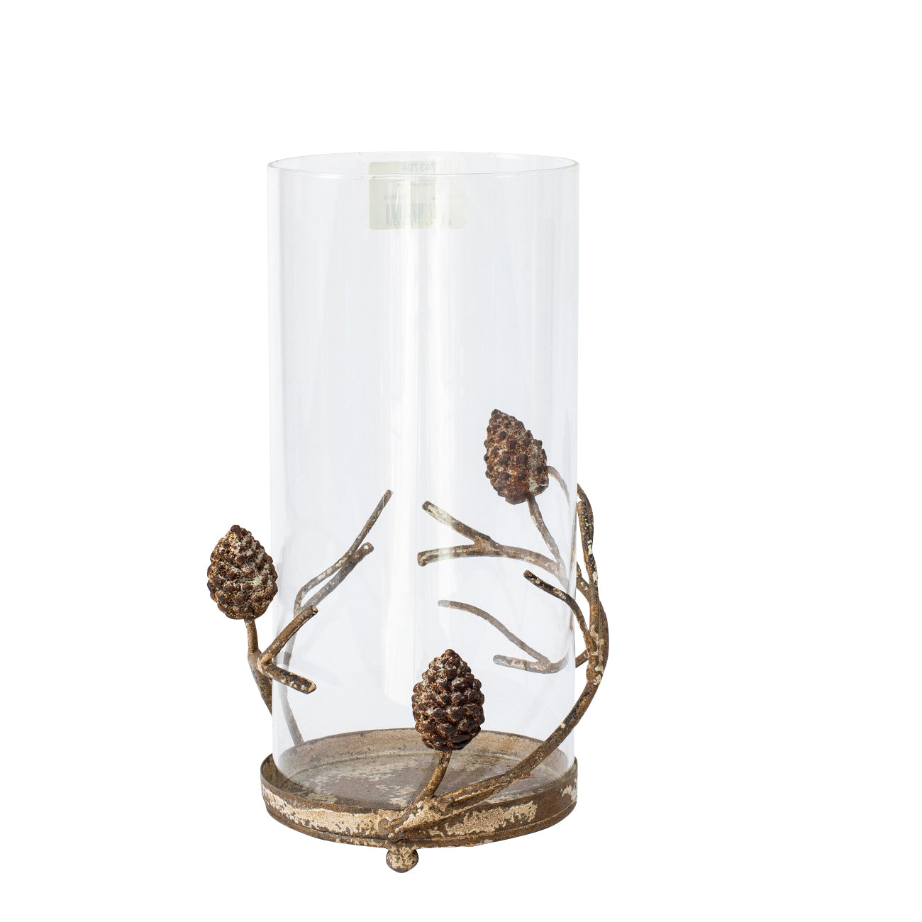 Aurelle Glass Hurricane with Pinecone Branches Rustic Gold
