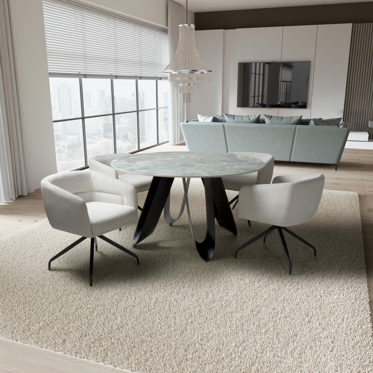 Osaka Round Green & 4 Artemis White Dining Set