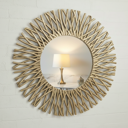 A round wall mirror with a decorative sunburst frame made of slender, light wood-like branches radiating outward, shown against a plain white background.