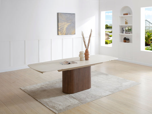 Ginevra Walnut & White Travertine Ceramic Extending Dining Table