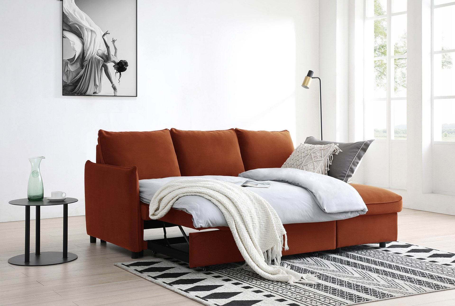 Luna Athena Burnt Orange Velvet Reversible Corner Modern Sofa Bed - Pak Tao