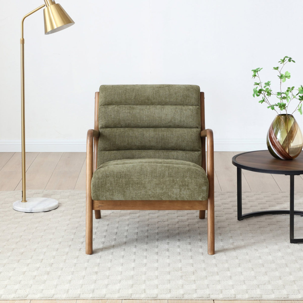 Inca Olive Chenille Walnut Modern Armchair