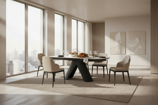 Opulento Matt White & Cosmic Grey Vein Ceramic Extending Dining Table